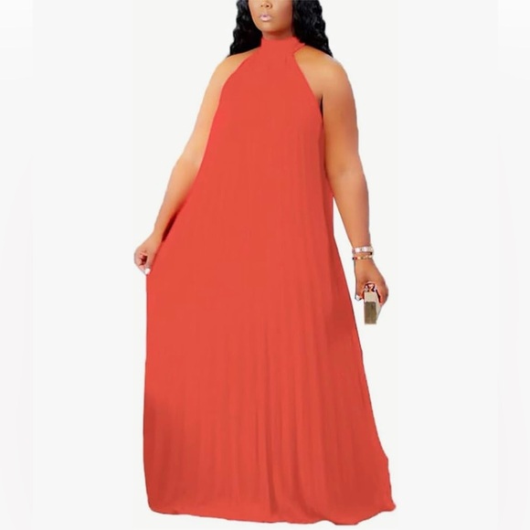 Dresses & Skirts - Coral Pleated Halter Maxi Dress Flowy Sleeveless 1XL
